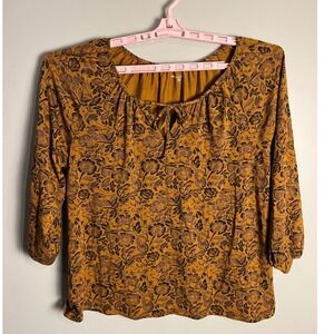 Garnet Hill Mustard Yellow Floral Tencel Lyocell Blend Peasant Blouse Large
